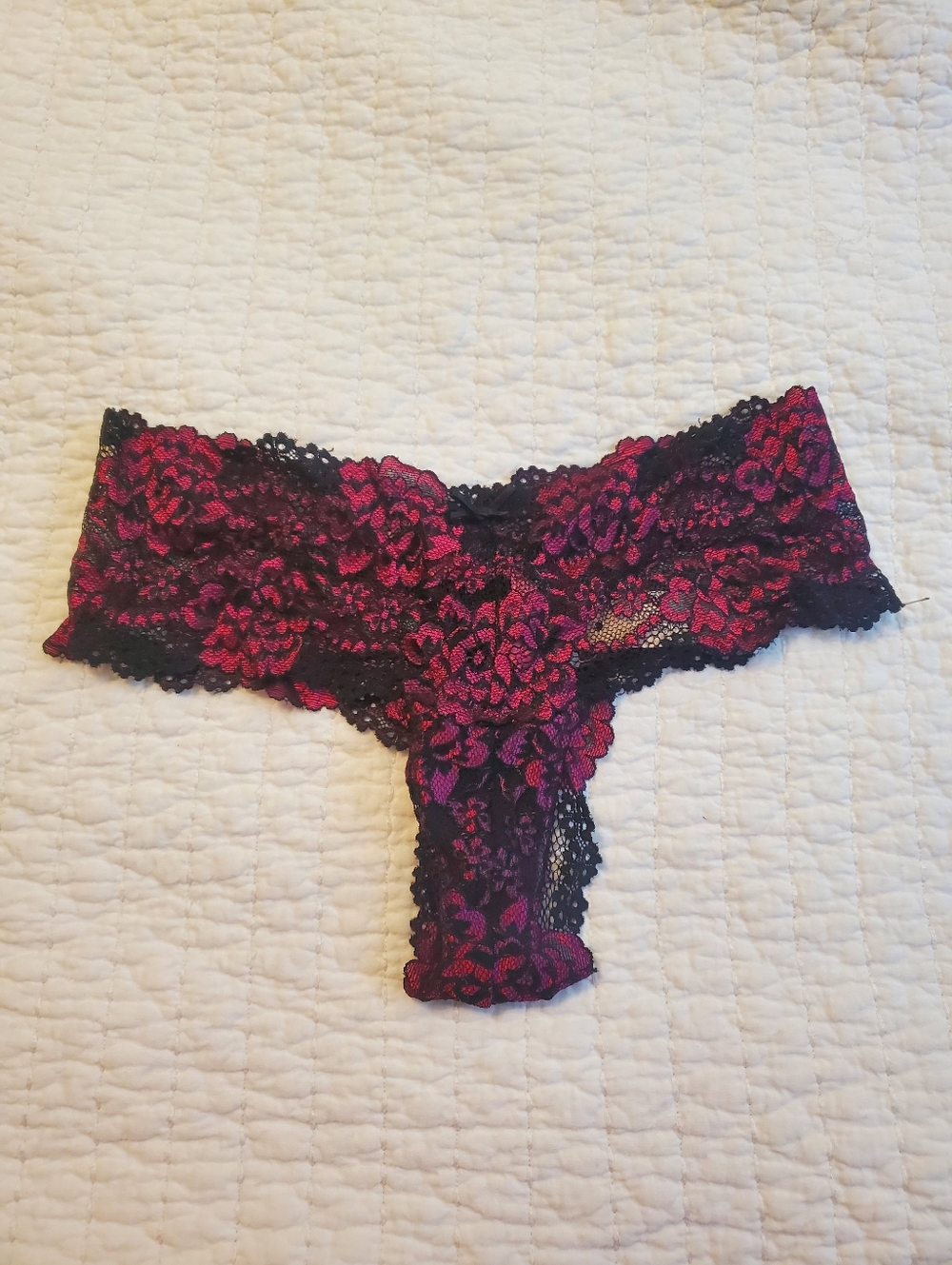 Victoria's Secret Black and Fuchsia Floral Lace Thong